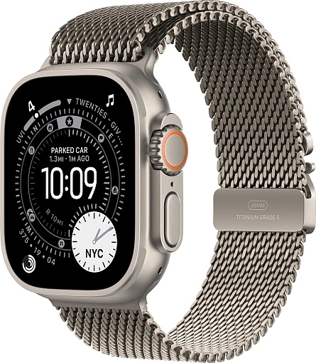 Apple Watch Ultra 3 49 мм, корпус из натурального титана, ремешок Milanese бежевого цвета, размер L